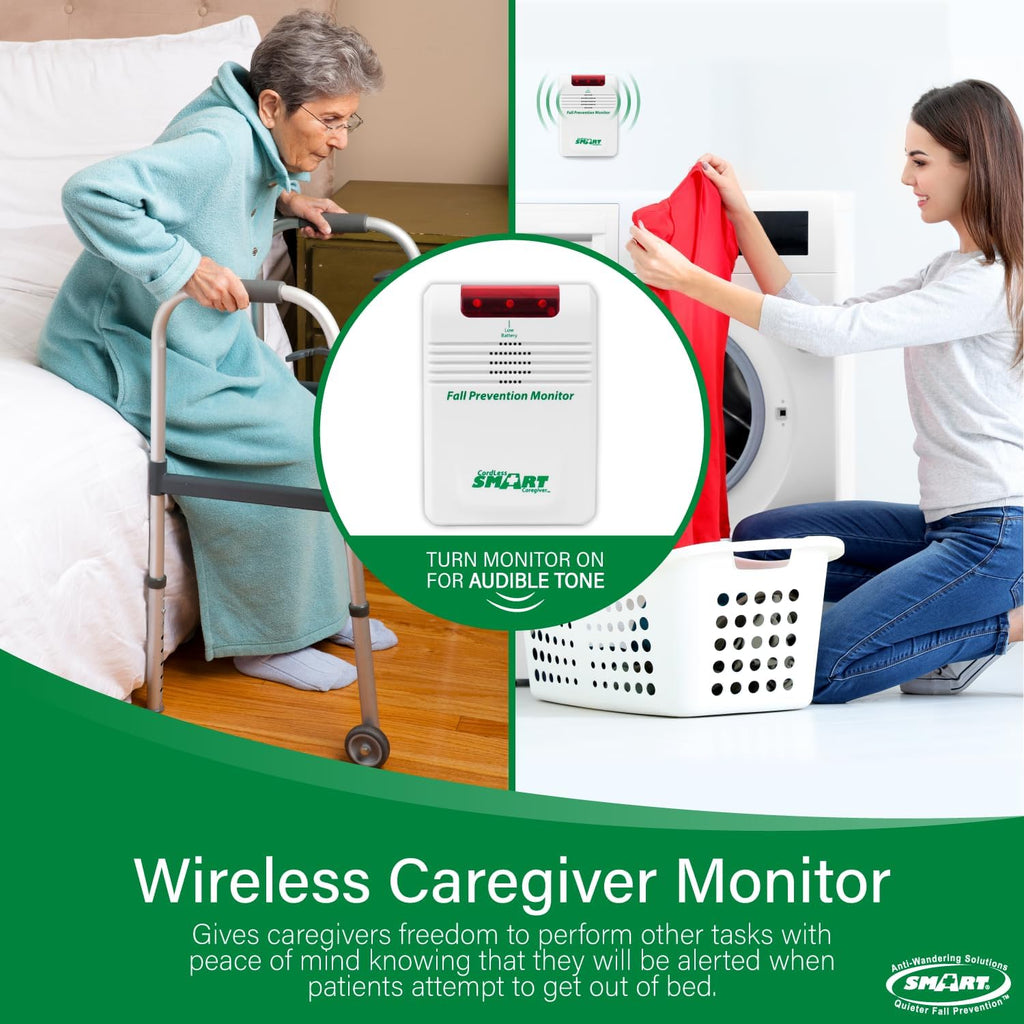 Smart Caregiver Wireless Bed Alarm System - Cordless Weight Sensing Bed Alarm Pad (10” x 30”) with Remote Alert Monitor, Free Individual Cleaning Wipes and Liberty 7 Day Pill Box
