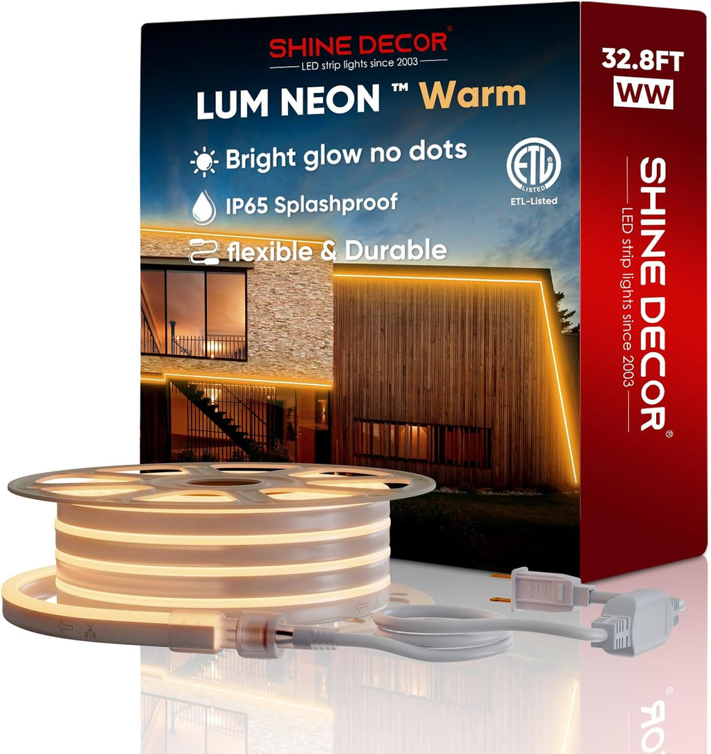 Shine Decor LED Neon Rope Lights AC 120V, Expandable & Cuttable 120LEDs/M Bright Strip Lighting, ETL Cold-Resistant & IP65 Waterproof for Indoor Outdoor, 8x16mm, 2500K Warm White, 32.8ft