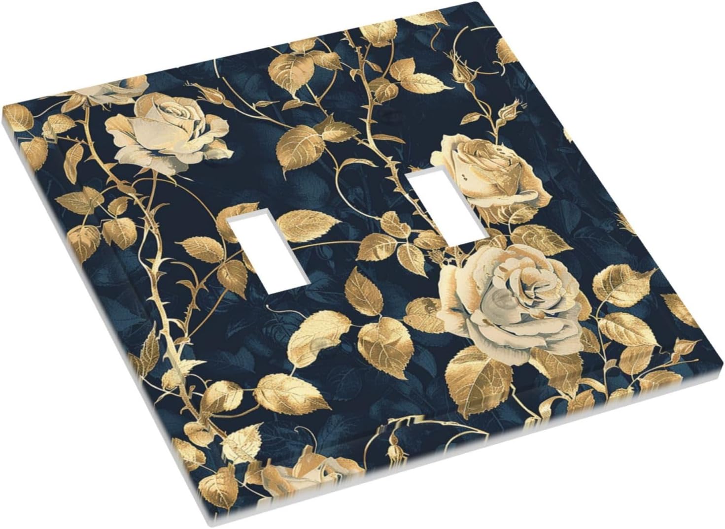 Decorative Switch Plates Boho Vintage Floral Golden Flower Dark Blue Background 2 Gang Double Toggle Outlet Light Switch Cover Wall Plate Electrical Faceplate for Bedroom living Room Decor