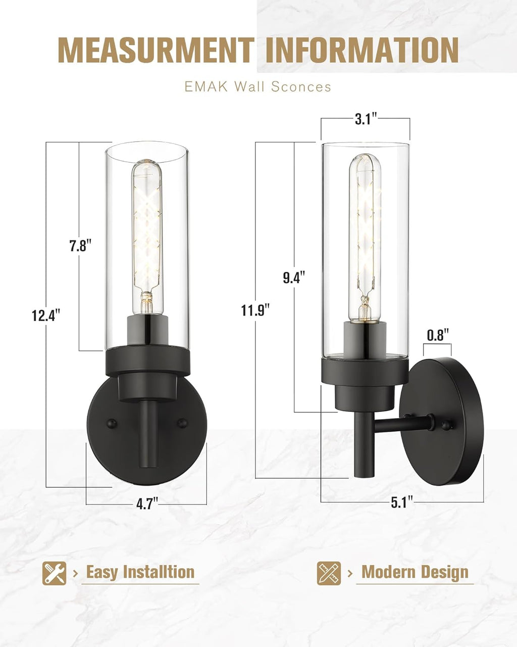 Emak Black Wall Sconces Set of Two, Modern Vanity Lights with Clear Glass Shade, Wall Lights for Bathroom, Bedroom, Living Room, Hallway, WS085-BK-2PK
