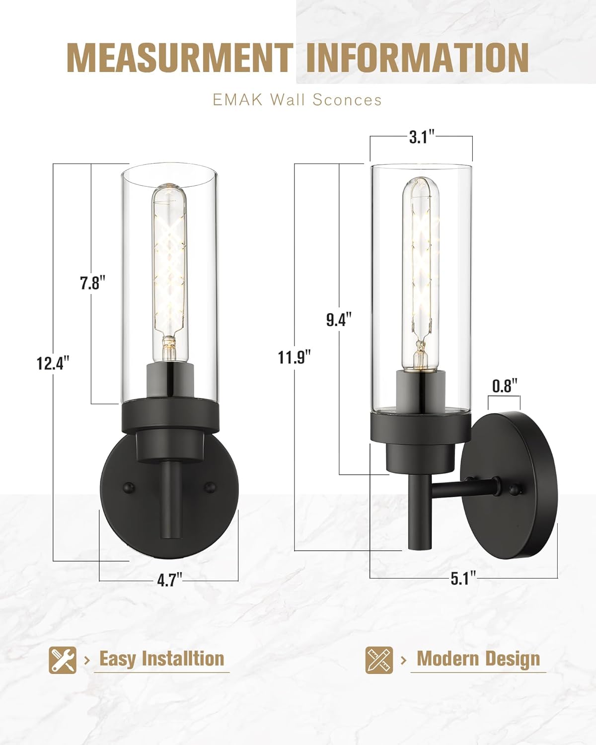 Emak Black Wall Sconces Set of Two, Modern Vanity Lights with Clear Glass Shade, Wall Lights for Bathroom, Bedroom, Living Room, Hallway, WS085-BK-2PK