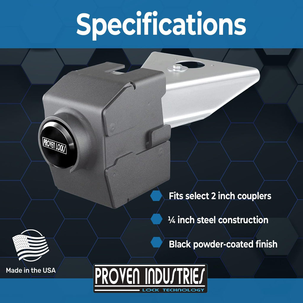 Proven Industries Model 2178-A Trailer Lock, Fits 2-Inch Yoke-Latch Trailer Couplers, Secures Safety Chains, Made in The USA, (Black)