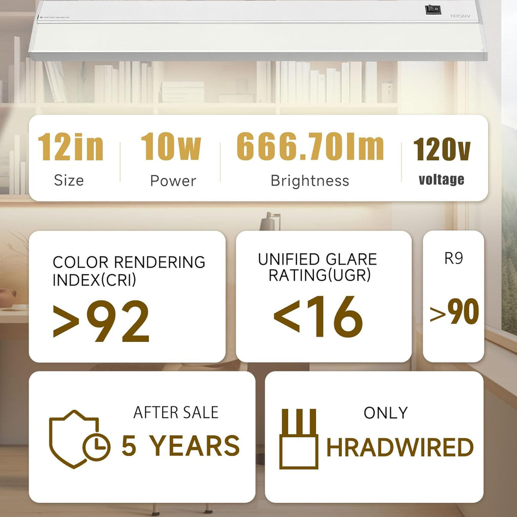 Ansen Hardwired Under Cabinet Lighting, 12in 10W LED Light for Kitchen/Closet, 666.7lm, CRI>92, R9>90, Dimmable, 3 Color Temperature, 3000K/4000K/5000K(Warm White, Cool White, Daylight)