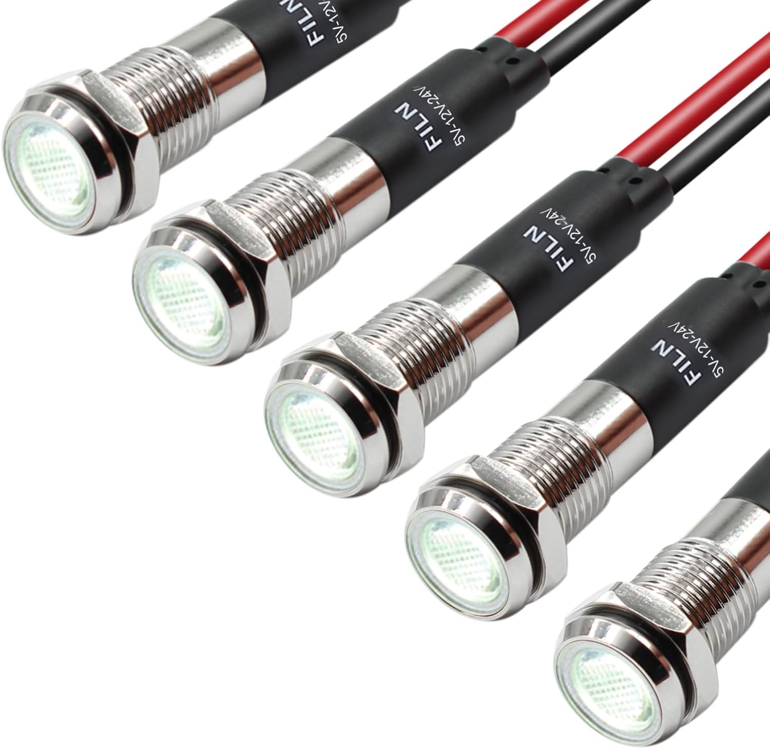 5Pcs 8MM (5/16'') Indicator Light led Indicator 12v 24v Metal Pilot Lamp Lights Aluminum Black Anodized Waterproof ip67 Red Signal Lamp Light(12V-Brass Nickel Plated-White 5Pcs)