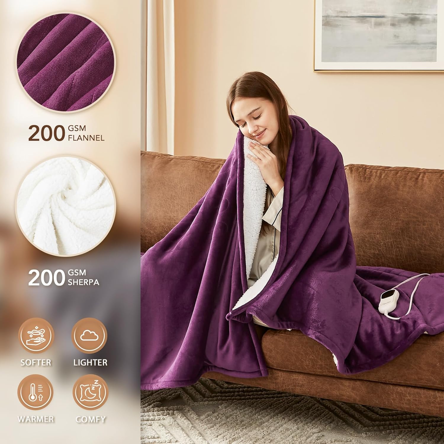 Homemate Electric Heated Blanket King Size - 100"x90" Heating Blanket King Size Dual Control 1/2/4/6/8 Hours Auto-Off 10 Heat Level Over-Heat Protection Flannel Sherpa ETL Certification