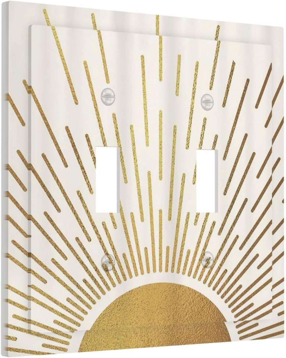 Decorative Light Switch Cover Plate Boho Mid Century Gold Sun Sunbeams 2 Gang Outlet Covers Double Toggle Wall Plates for Electrical Outlets Switch Plate Covers Faceplate for Bedroom Decor