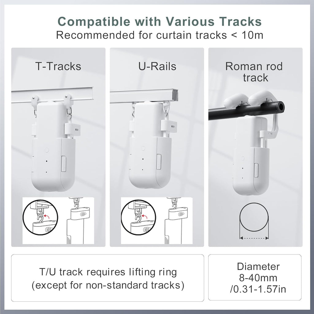 Automatic Curtain Opener Electric: Smart Remote Control Closer｜Long-Lasting Battery/Type-C｜No Drill for 8-40mm Roman Rods/T-Tracks & U-Rails｜Quiet Motor Robot for Bedroom/living room