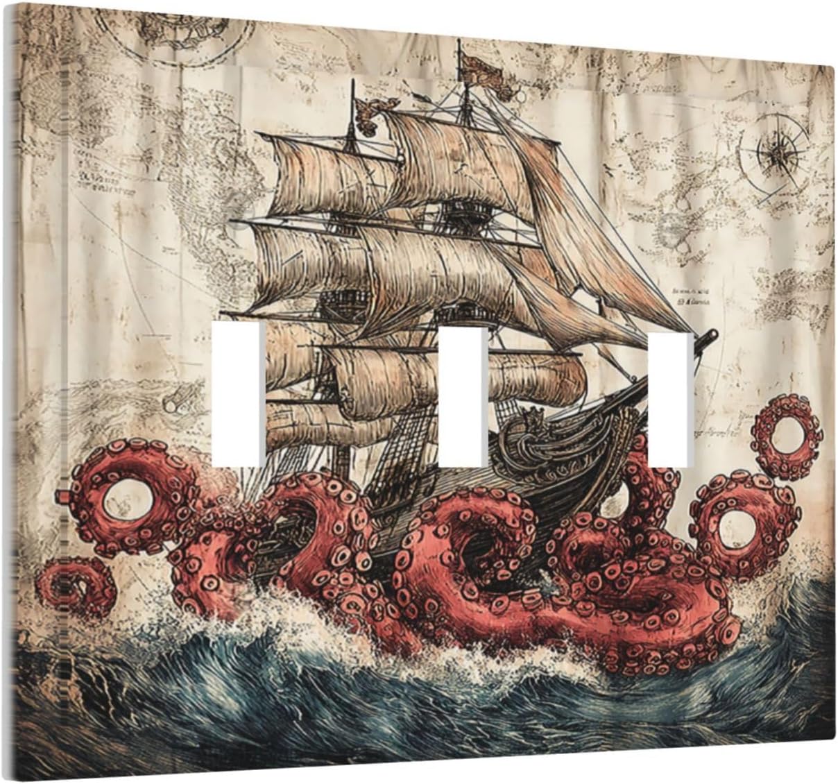 Decorative Switch Plates Vintage Octopus Ocean Sailboat Bizarre Adventure 3 Gang Wall Plate Faceplate Triple Toggle Light Switch Cover Electrical Wall Panels for Bathroom Kids room Decor