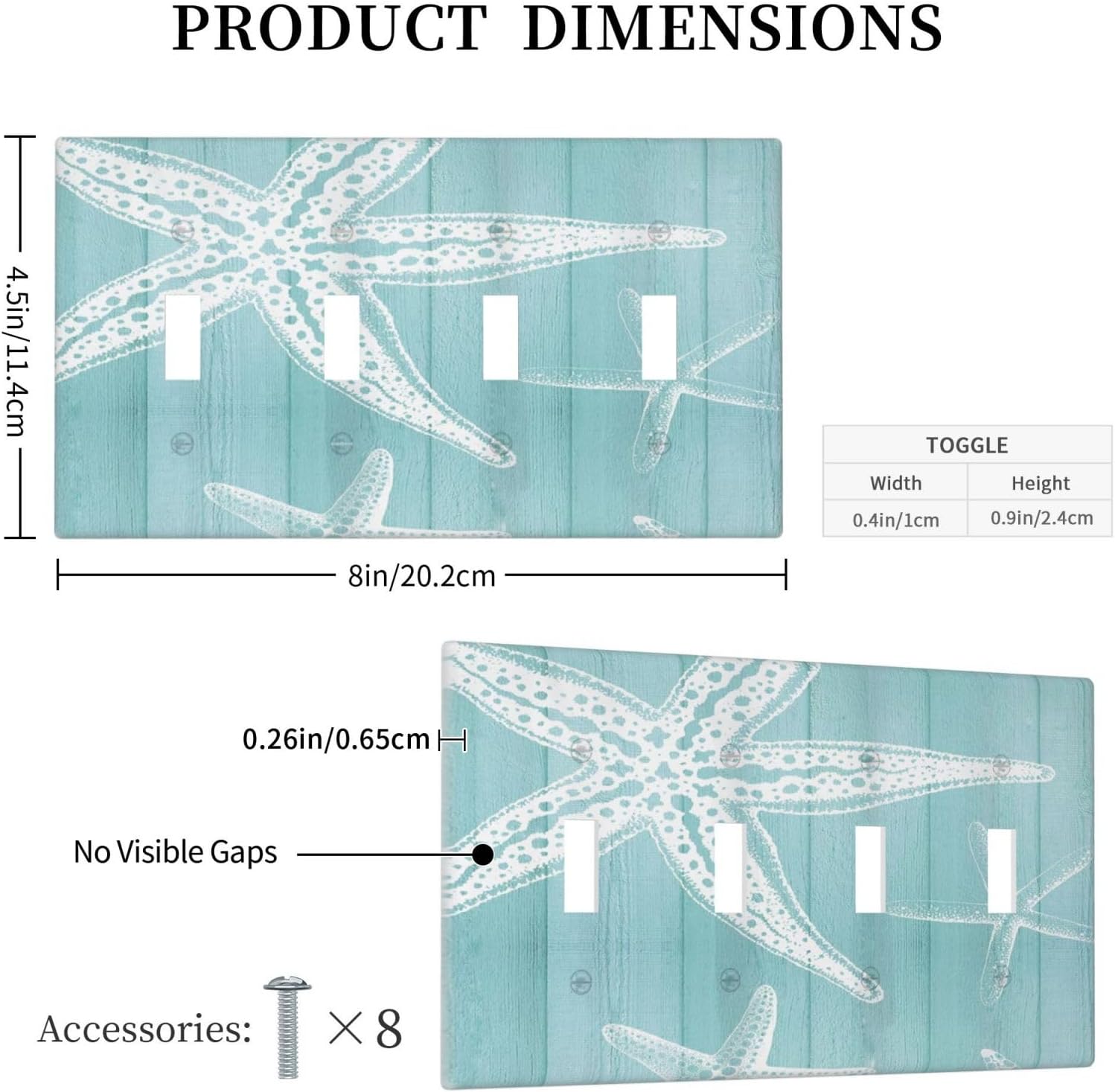 Decorative Light Switch Cover Plate Starfish Teal Wood Board Nautical 4 Gang Wall Plates for Electrical Outlets Quad Toggle Switch Plate Covers Outlet Covers Faceplate for Bedroom Home Decor