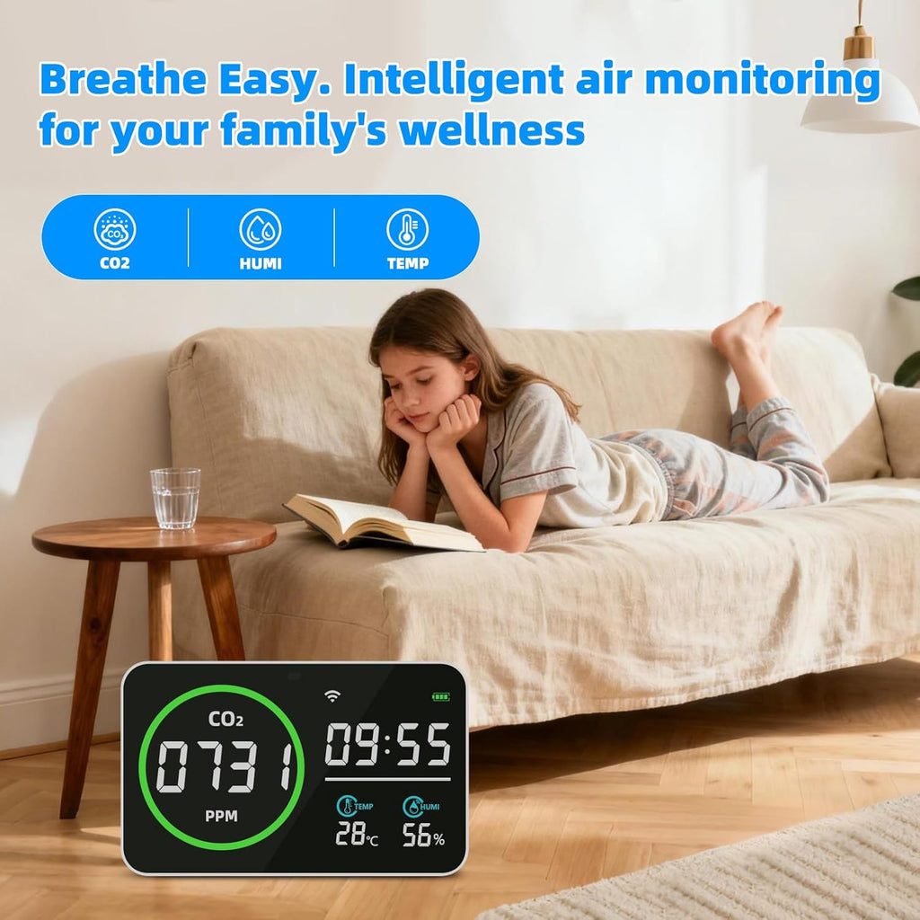 WiFi CO2 Detector, 9 Inch CO2 Monitor for CO2 Temp Humidity, Extra Large Display Digital Clocks, Air Quality Monitor for Indoor/Outdoor with Alerts, CO2 Infrared Sensor, Optical Sensor