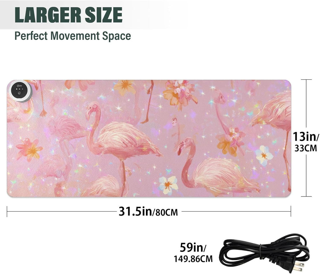 Heated Desk Pad Mouse Pad 31.5x13 Inch PU Leather Desk Mat with 3 Heat Levels Large Mouse Gaming Computer Laptop Mat Pink Gradient Flamingo and Petals