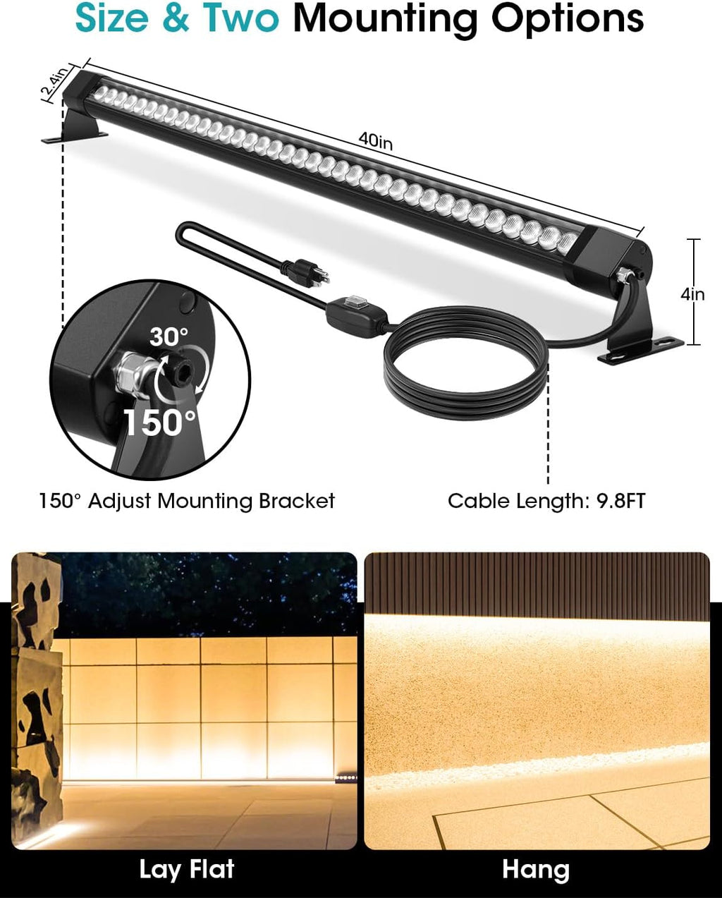 2-Pack Pro-Grade LED Wall Washer Light Bar, 54W 6480LM 2700K Warm White, 40-Inch IP67 Waterproof 120V Linear Outdoor LED Light Bar Landscape Lighting with On/Off Switch
