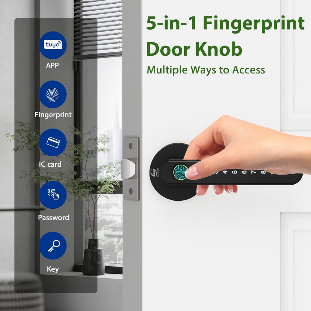 Smart Electronic Fingerprint Door Lock, Keyless Entry with Handle, Codes, APP, IC Cards, Fingerprints, Keys, for Home Bedroom Apartment (Black)