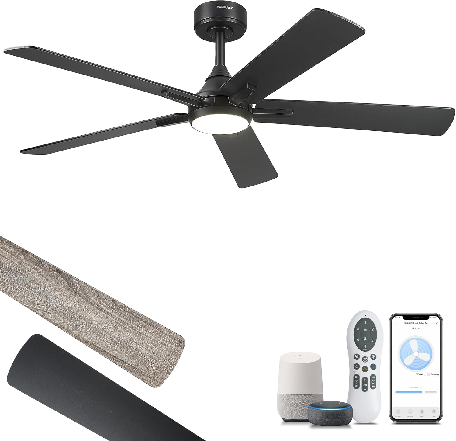 YOUKAIN 52 Inch Ceiling Fans with Lights, Black Ceiling Fan, Smart Fan Remote & APP Control, Reversible Blades, LED Ceiling Fan for Living Room, Bedroom, 52-YJ812-BK