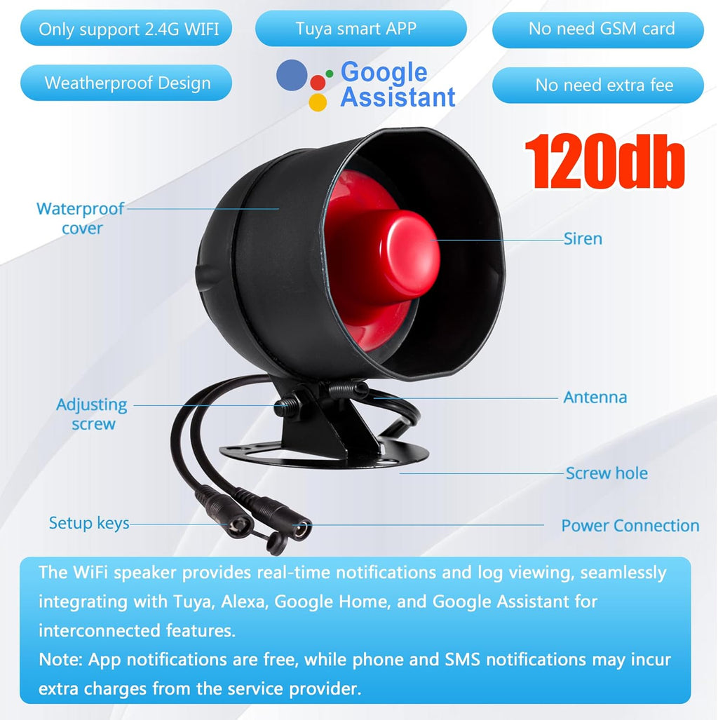 WiFi Alarm Security System, 120dB Home Alarm System with Free Notification APP Control and Motion Sensor and, WiFi Siren for Shed Garage Alarm