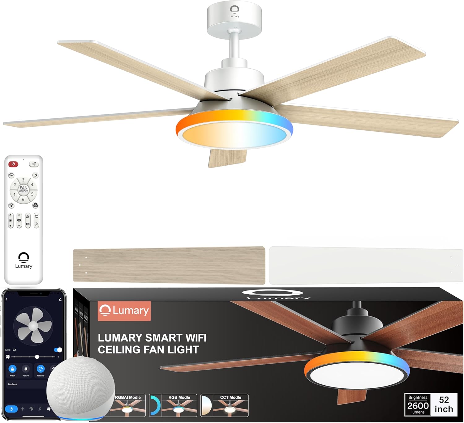 Lumary 52'' Smart Ceiling Fan with RGBAI Lights Remote, RGB & Stepless Color Temperature, Work with Alexa/Google/App, 46 Scenes, Modern Flush Mount Low Profile Ceiling Fan for Bedroom Kids Room, White