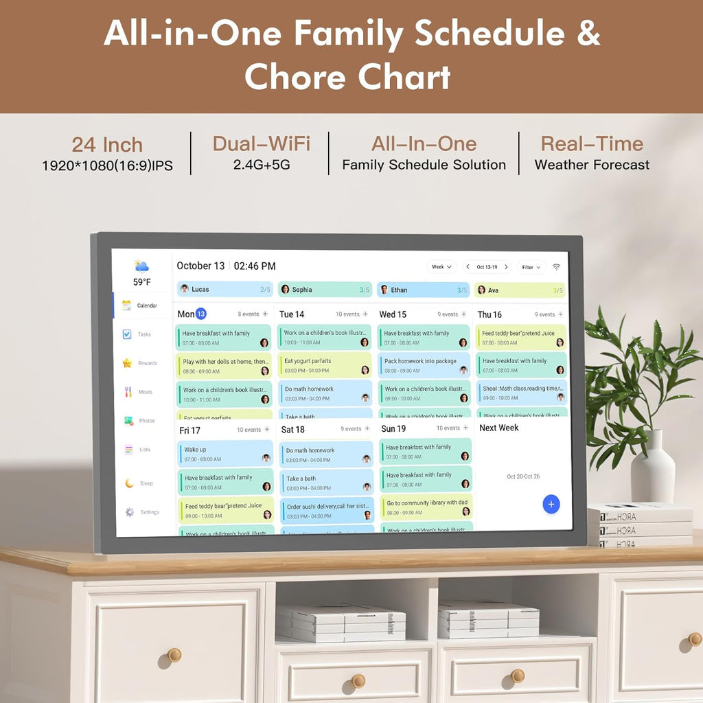 Digital Calendar Smart Chore Chart-for-Business-Schedules - 24" Wall Mounted Interactive Touchscreen Electronic Calendar, Auto-Sync Google iCloud Outlook Calendars for Family Household Organization