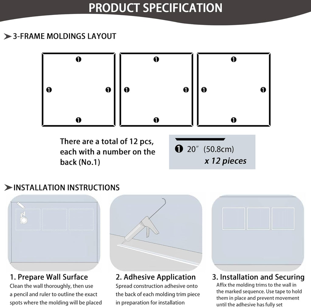3-Frame 20" x 20" Premade Accent Wall Molding Kit, Ready-to-Assemble Wainscoting Panels, Pre-Cut Chair Rail Moulding Trim Picture Frame for Home Décor