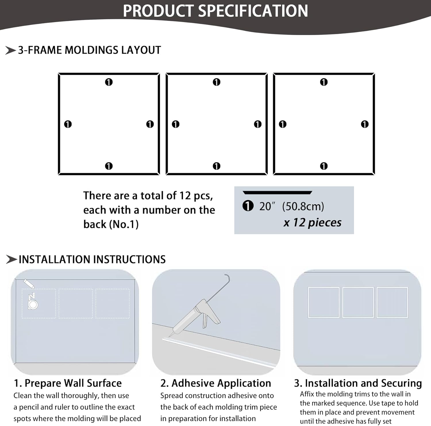 3-Frame 20" x 20" Premade Accent Wall Molding Kit, Ready-to-Assemble Wainscoting Panels, Pre-Cut Chair Rail Moulding Trim Picture Frame for Home Décor