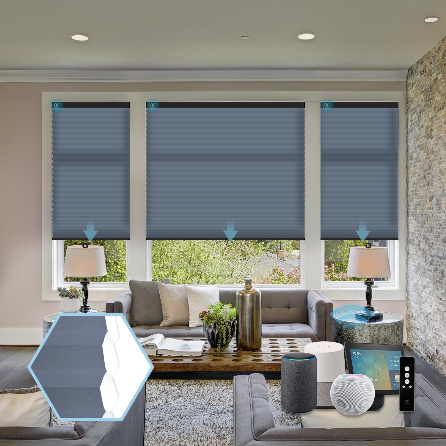 SmartWings Motorized Cellular Shades with Remote, Customized Electric Cordles Honeycomb Blinds Compatible with Alexa/Homekit/Google for Windows, 60% Blackout Single Cell Slate Blue