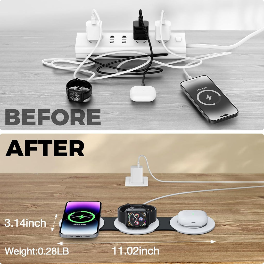 Hicober 3 in 1 Charging Station for Apple Multiple Devices, Foldable Travel Wireless Charger 18W for iPhone Air 17 16 15 14 13 Pro Max Plus &Apple Watch Series/Airpods Black&White