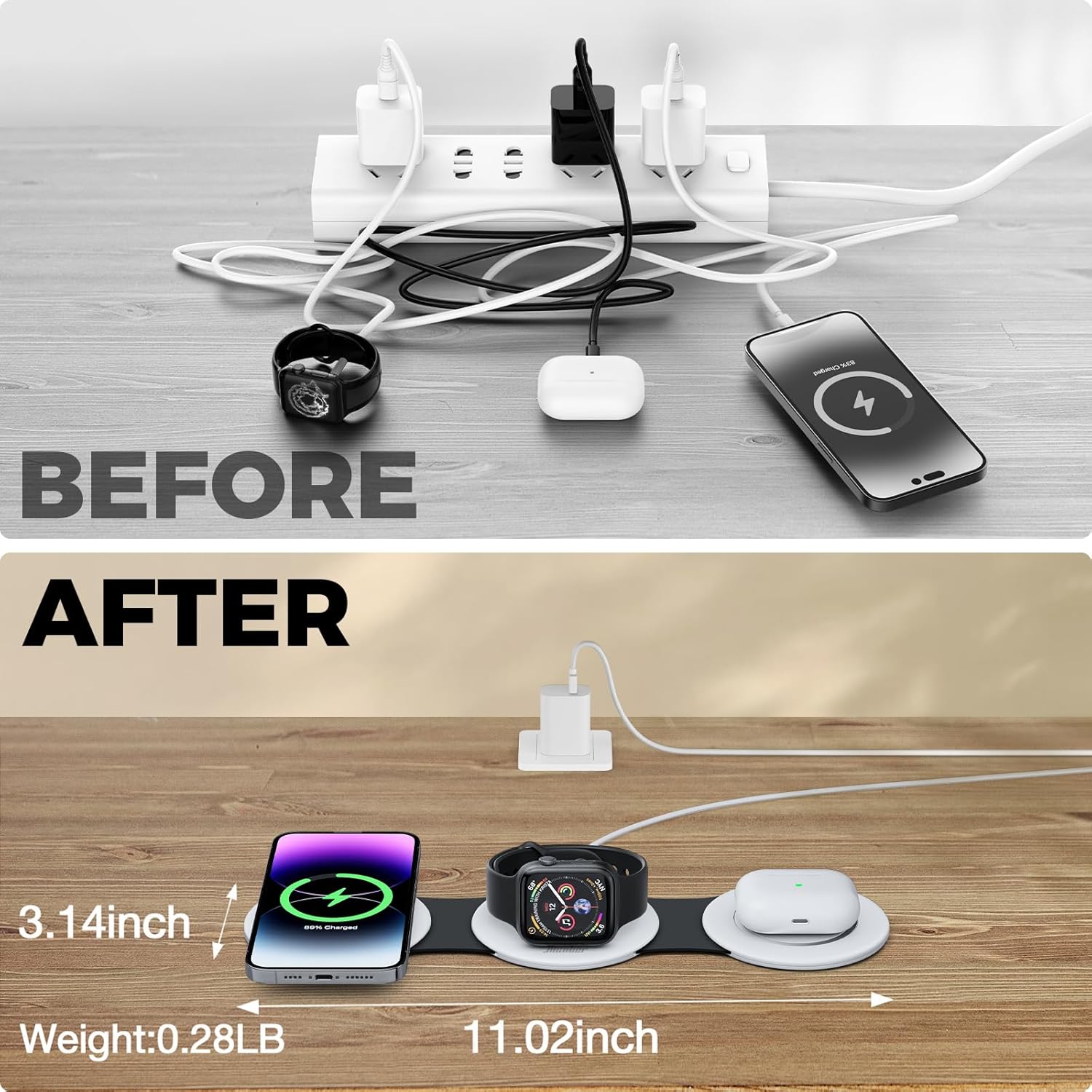Hicober 3 in 1 Charging Station for Apple Multiple Devices, Foldable Travel Wireless Charger 18W for iPhone Air 17 16 15 14 13 Pro Max Plus &Apple Watch Series/Airpods Black&White