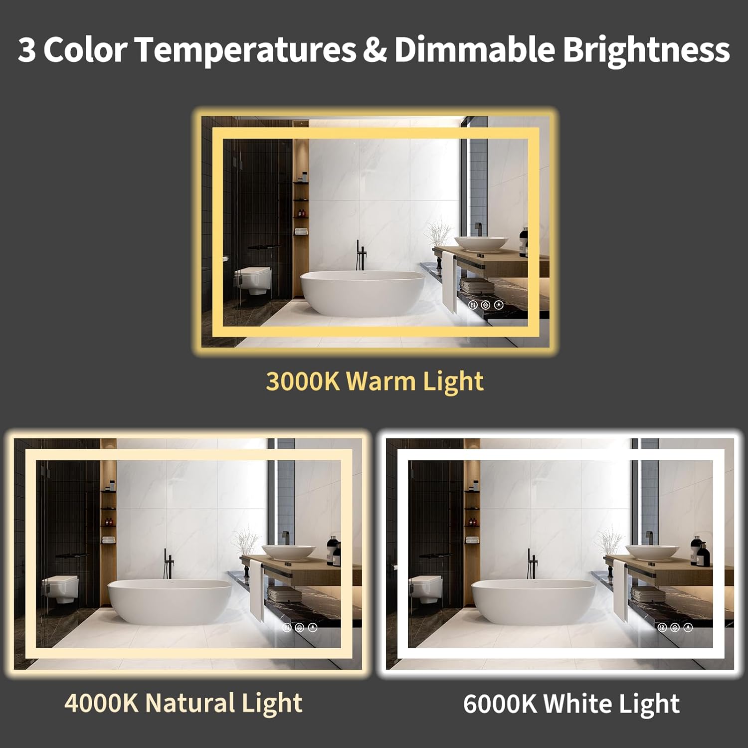 Koonmi 32x48 LED Bathroom Mirror, Backlit + Front Lit, LED Bathroom Mirror with Lights for Wall, 3 Colors, Anti-Fog, Dimmable Brightness, Memory Function, Tempered Glass