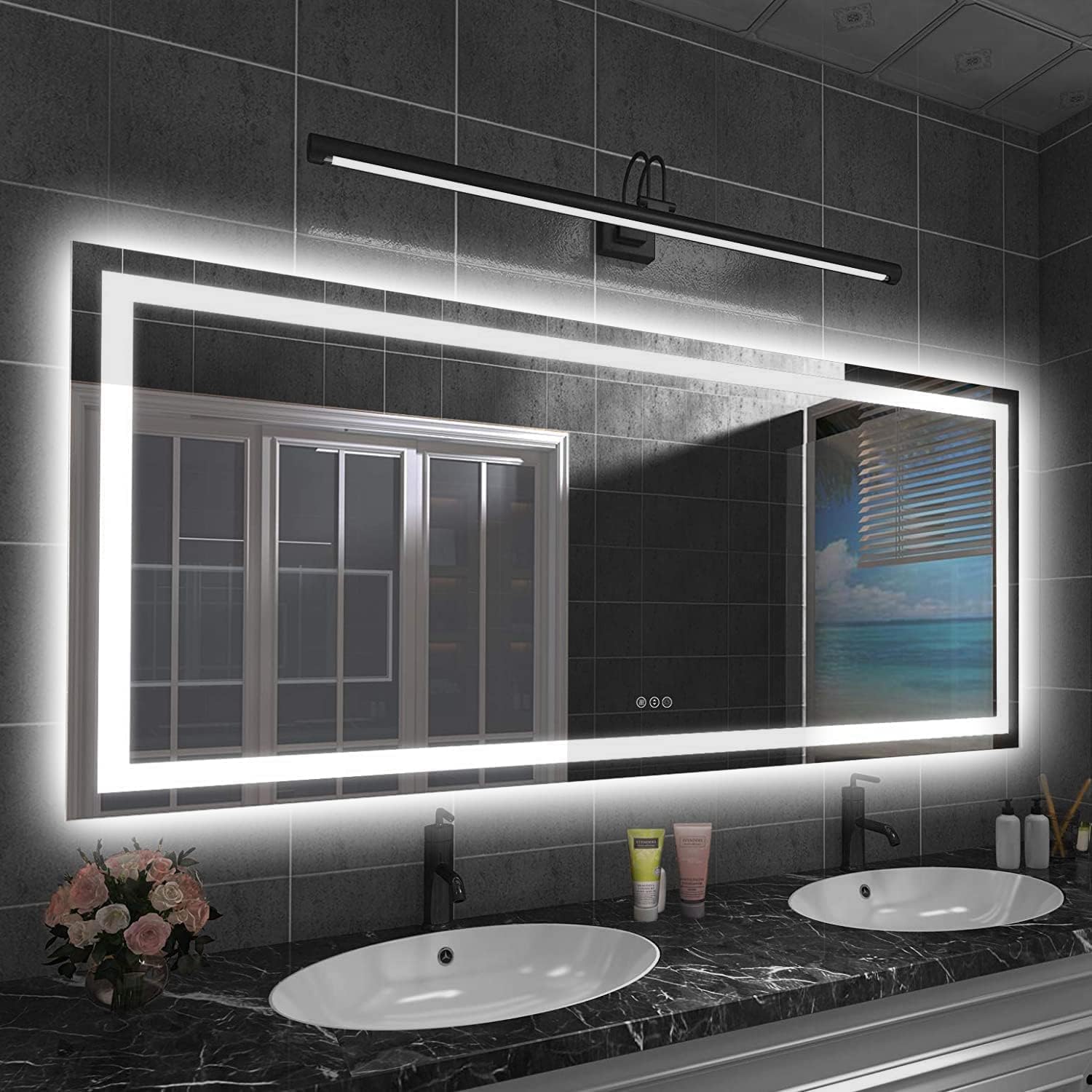 Amorho LED Bathroom Mirror, 72" X32" with Front and Backlight, Large Dimmable Wall Mirrors with Anti-Fog, Shatter-Proof, Memory, 3 Colors, Double LED Vanity Mirror