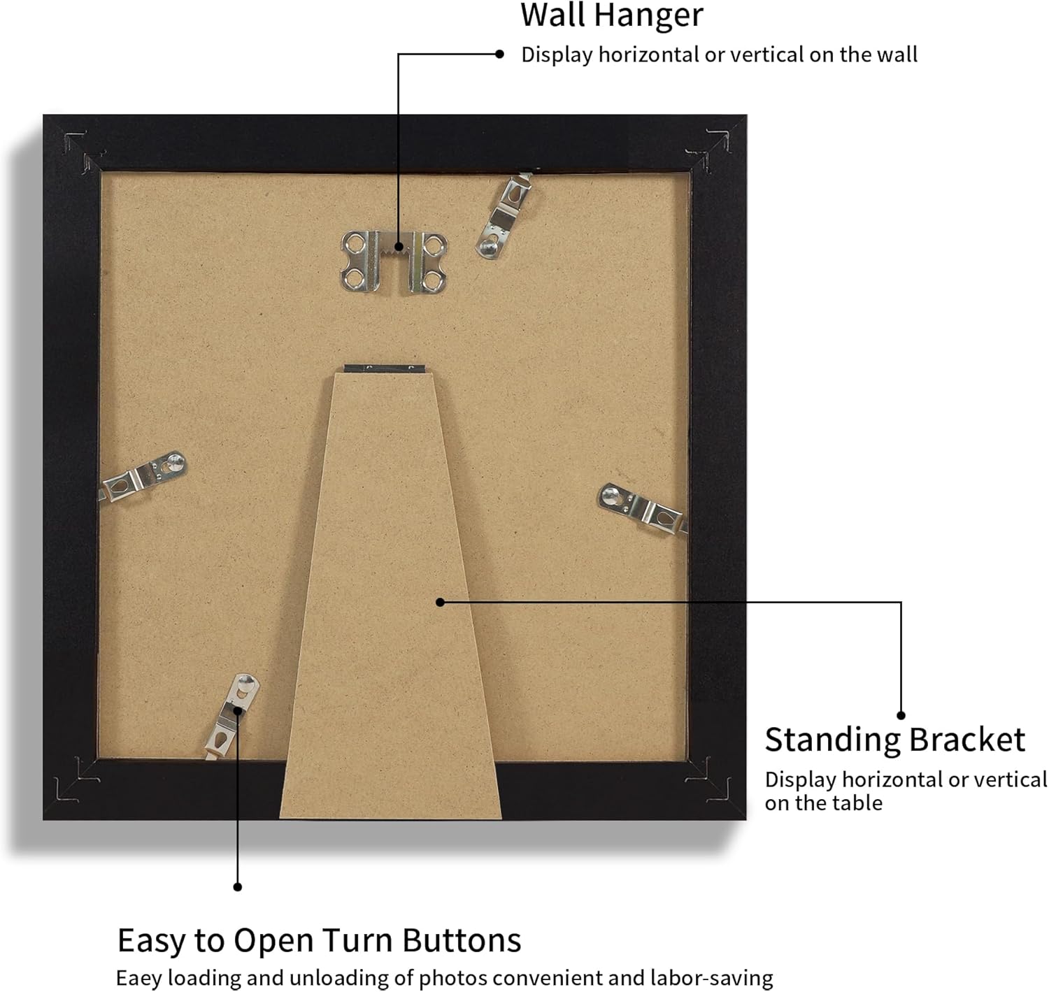 iRahmen 8x8 Picture Frame with HD Tempered Glass, Display Pictures 6x6 with Mat or 8 x 8 Without Mat, Wood Photo Frames for Tabletop and Wall Mount (Black, 1 Pack)