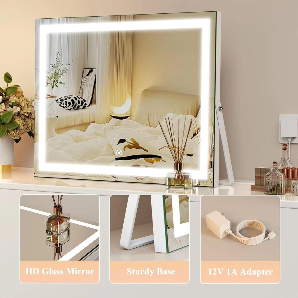 Ligheted Vanity Mirror with Lights, 14" x 10" LED Makeup Mirror, 3 Modes Light, Smart Touch Control Dimmable, 360°Rotation, Rectangle White Frame