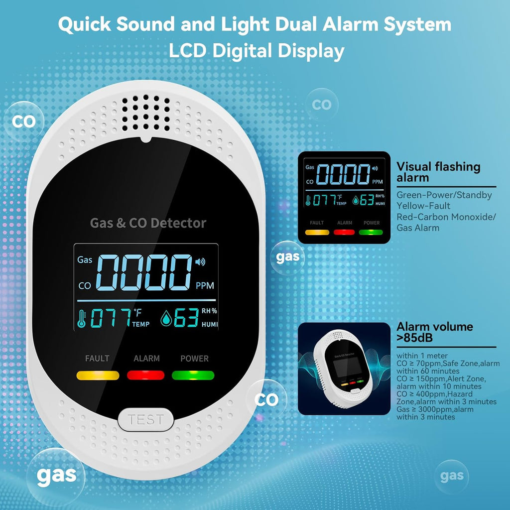 Plug in Carbon Monoxide Detector Combustible Gases Detectors,4-in-1 Co & Natural Gas Alarm Detectors with Temperature and Humidity Display,Clear LCD Screen Sound Light Dual Alarm for Home Travel RV