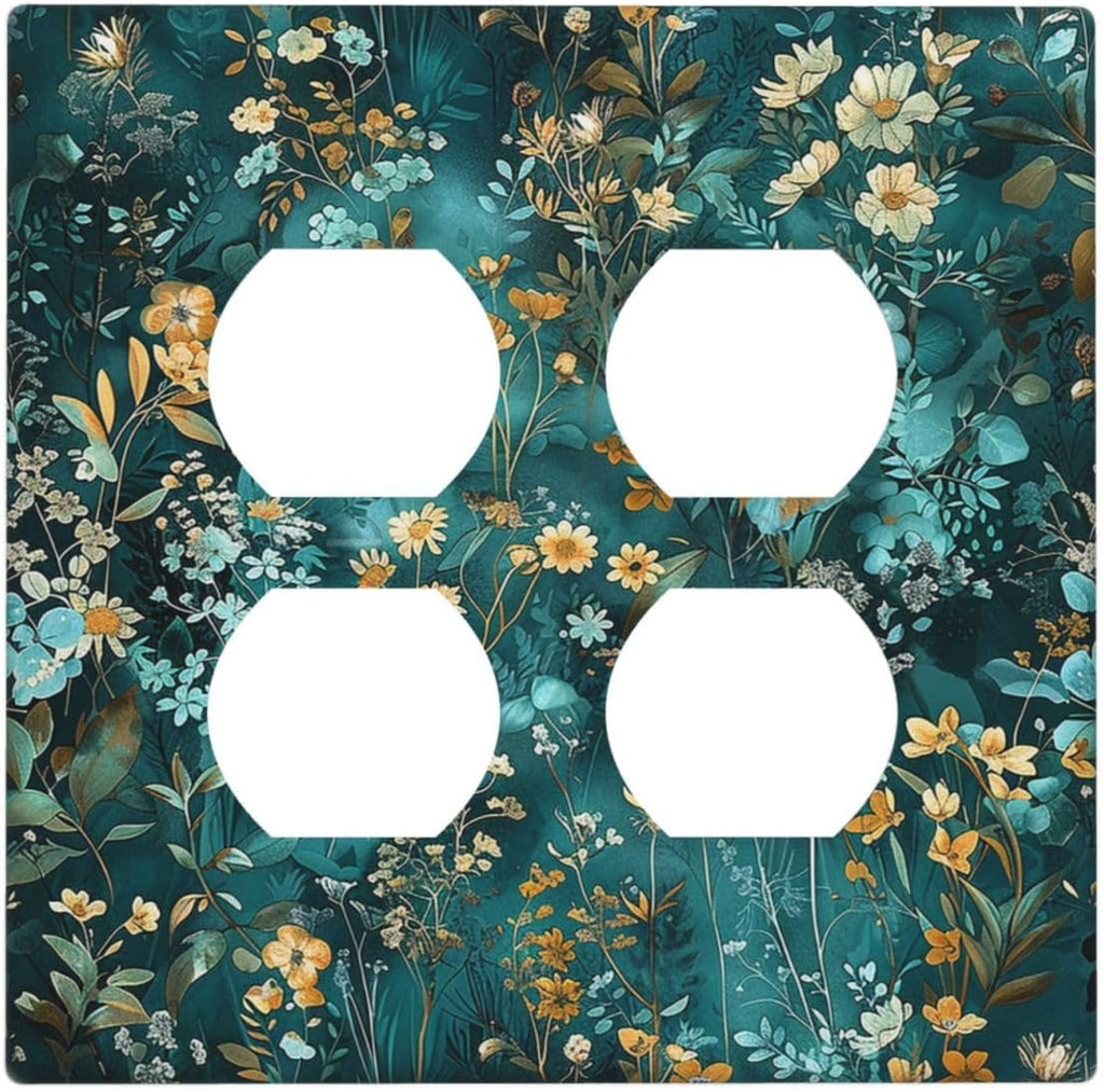 Outlet Covers Green Leaf Floral Boho Golden Flower Plant 2 Gang Double Duplex Decorative Light Switch Covers Electrical Wallplates Socket Faceplate For Bed Room Cabin Decor