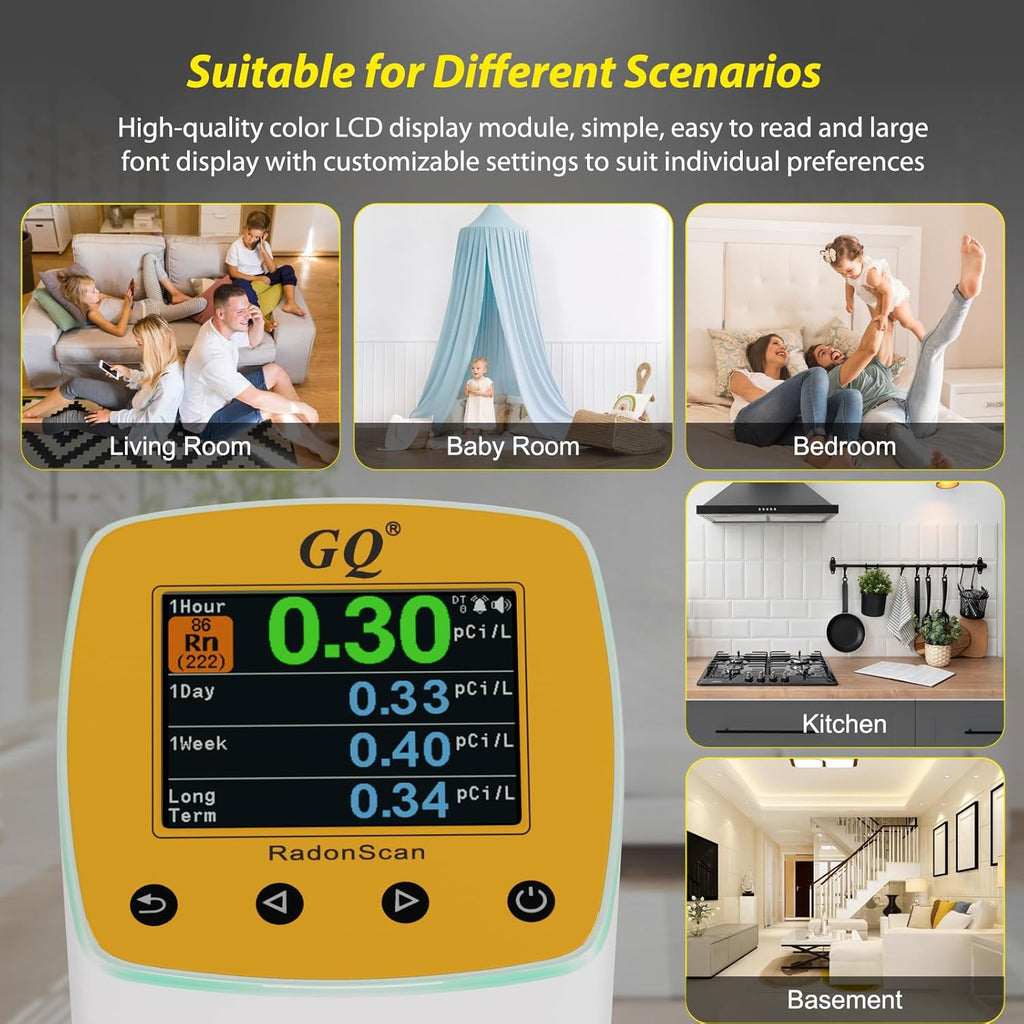 GQ Radon Detector Radonscan Home Radon Monitor Alpha Radiative Gas Radiation Design in USA Large Color Display Short and Long Term continuously Monitor Accurate Fast Sensitive Data Saving