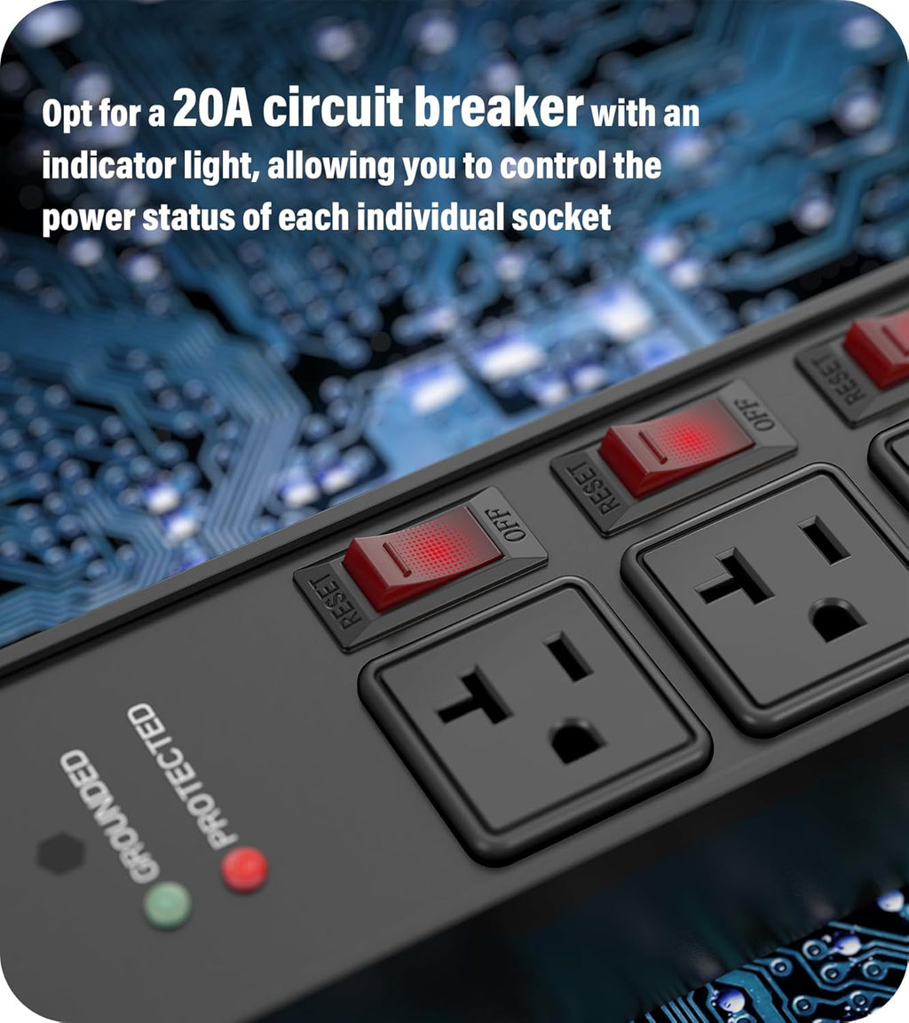 CCCEI Heavy Duty Surge Protector Power Strip 20 Amp Individual Switches. 4FT 12 Gauge Extension Cord with Multiple Outlets. Kitchen, Garage, Shop, Industrial Wall Mount Electric Extender, Black.