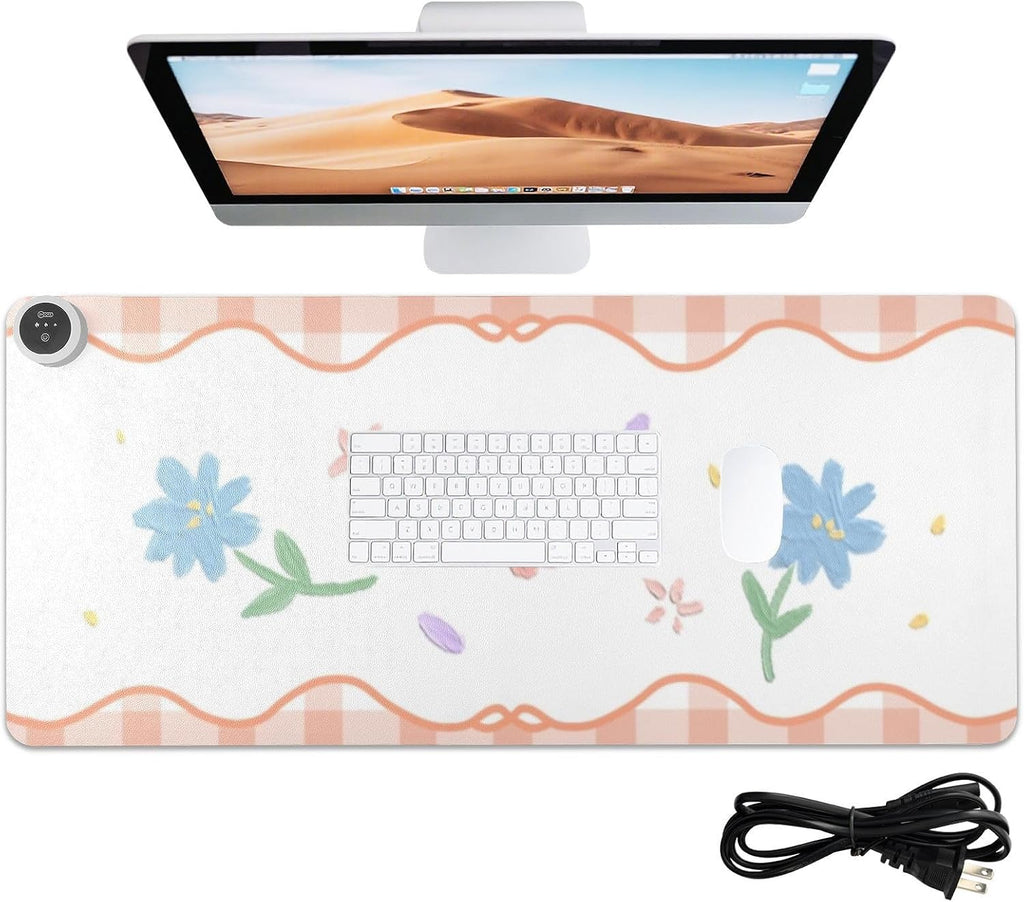 Orange Floral Plaid Heated Desk Pad Mouse Pad 31.5x13 Inch PU Leather Desk Mat with 3 Heat Levels Large Mouse Gaming Computer Laptop Mat