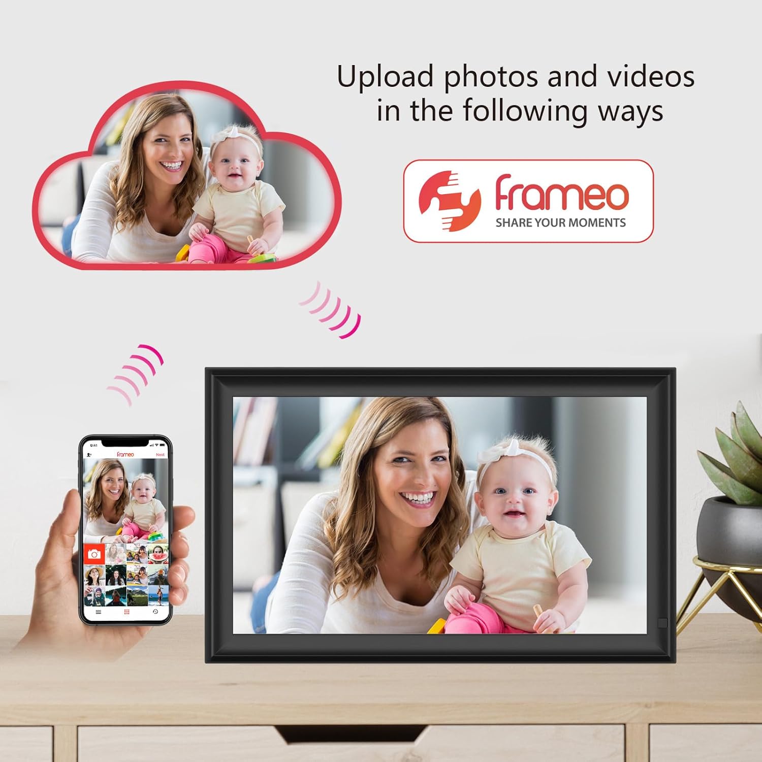 15.6inch FRAMEO Digital Photo Frame with 1920x1080 FHD IPS LCD Touch Screen, Dual-WiFi Share Photos & Videos Via Frameo App, Support USB Drive/SD Card Extend Storage, Motion Sensor, Auto-Rotate