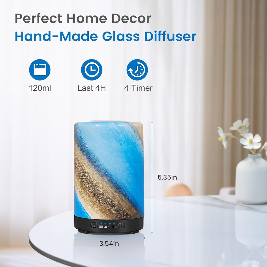 Essential Oil Diffuser, 120 ml Glass Aromatherapy Diffuser with 7 Color Lights, Auto Shut-Off and 4 Timer Settings, Ultrasonic Cool Mist Diffuser for Home Room Office (Galaxy Mist)