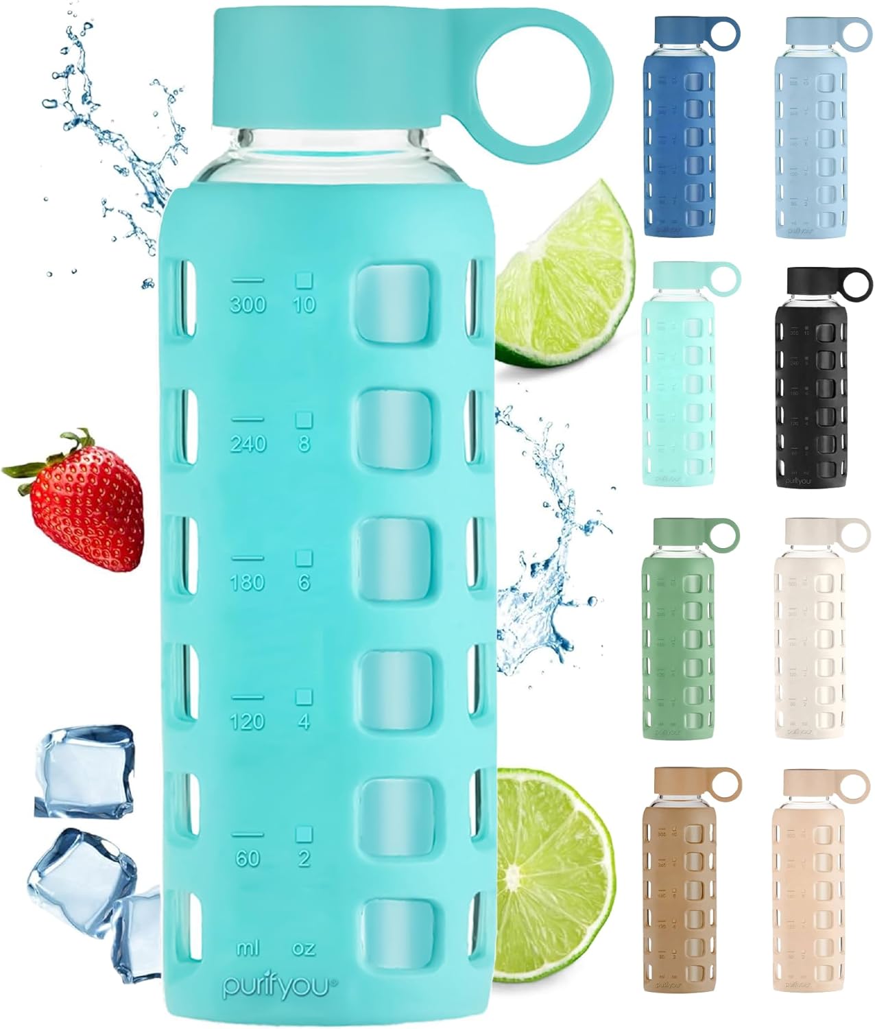purifyou 40oz / 32oz / 22oz / 12oz Borosilicate Glass Water Bottle with Time & Volume Markers, Silicone Sleeve, Stainless Steel Lid | Reusable Glass Bottle for Water & Juice (12oz Aqua Blue)