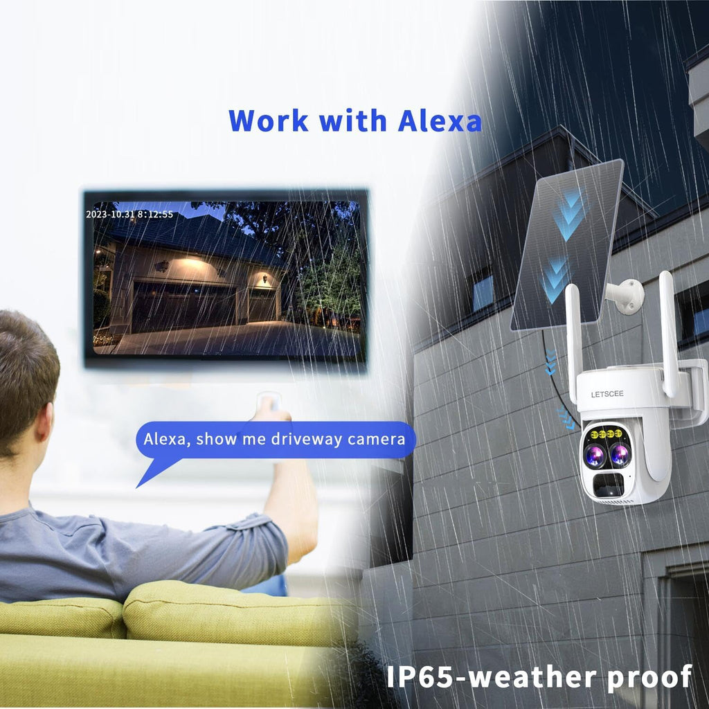 Cameras for Home Security Wireless Outdoor Solar,Alexa Security Camera Outside,360 PTZ Outside WiFi Camera Dual Lens 10x Zoom,Night Vision,2K,Water Proof, No Month Fee