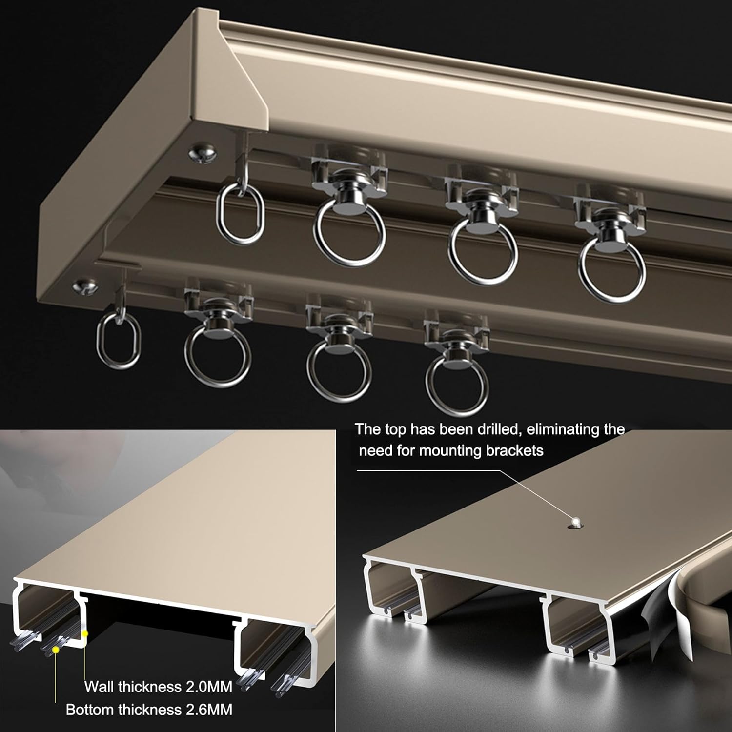 Ceiling Mounted Curtain Track System - Double Rails for Curtains & Drapes - Room Dividers - Sliding Curtain Rail for Window (champagne, 4.5m)