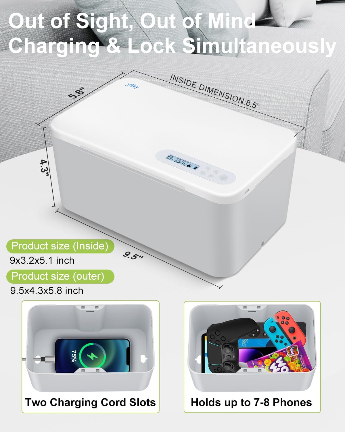 ySky Phone Lock Box with Timer,SafeTimed Lock Box Unplug from Phones,Video Games,Social Media,Snacks&Cravings,Self Control Storage Box for 8.5 inch iPad,Time Locker Box (Gray)