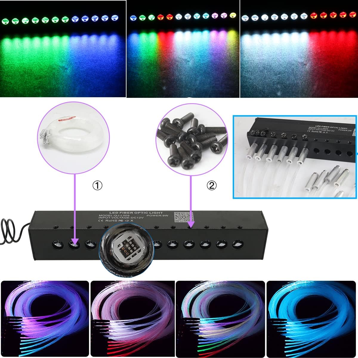 AZIMOM Dual Color 20w Twinkle Fiber Optic Starlight Headliner Kits 900pcs 0.03in 9.8ft, RGB Meteor Shooting Star, Sound Activated Remote APP Control Home Car Ceiling Décor
