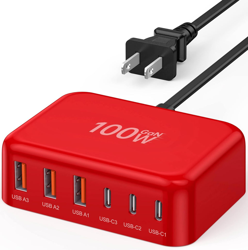 USB C Fast Charger 100W GaN 6 Port Type USB C Charging Station Hub Block Wall Charger Power Strip Adapter Plug Cube Brick 3 USB A for iPad iPhone 17 16 15 14 13 12 11 Pro Max