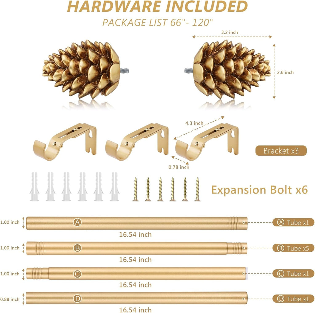 Gold Curtain Rods for Windows 66 to 120 Inches, 1 Inch Diameter Heavy Duty Single Curtain Rod, Adjustable Window Curtain Rod Drapery Rod with Decorative Finials