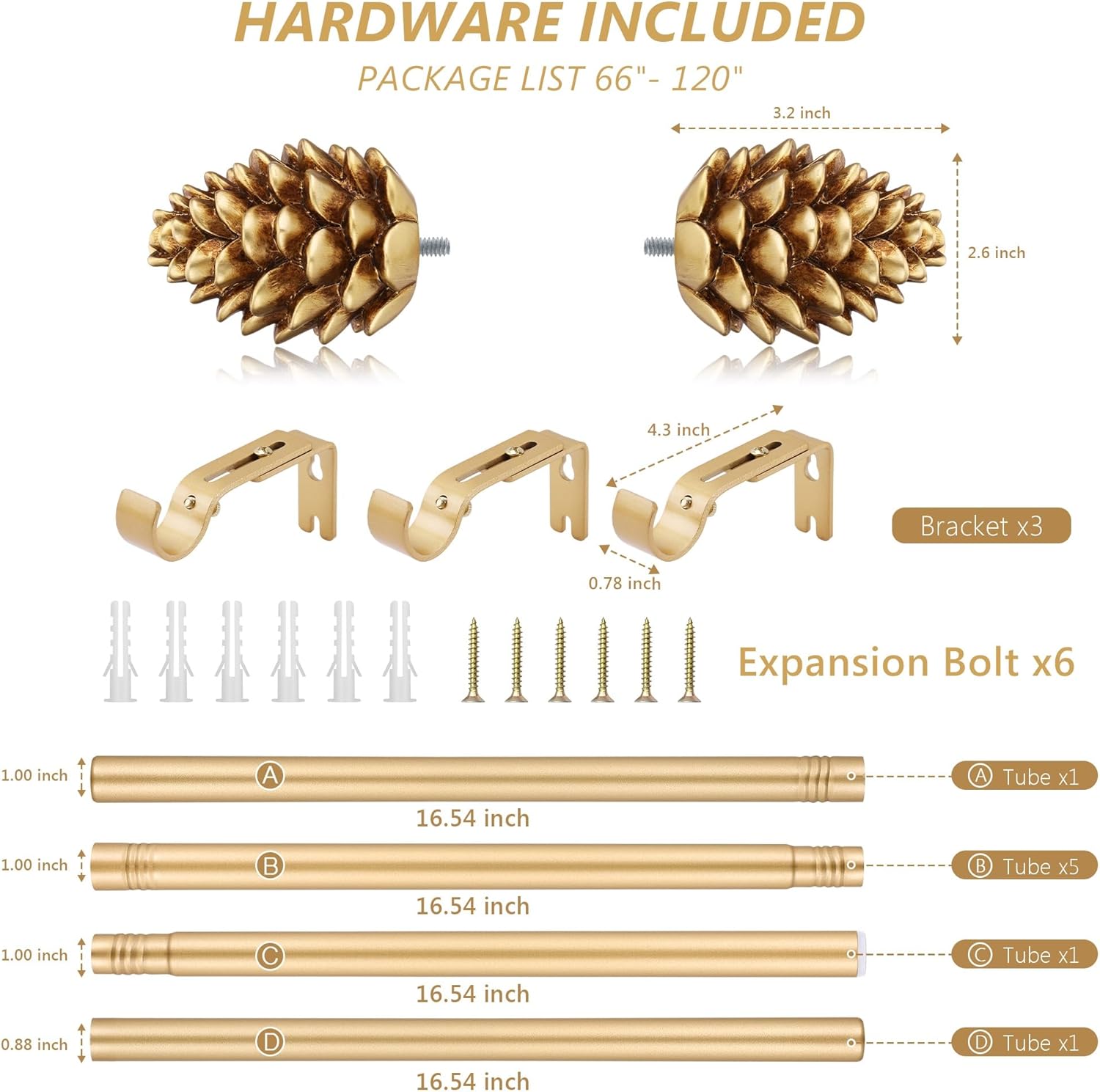Gold Curtain Rods for Windows 66 to 120 Inches, 1 Inch Diameter Heavy Duty Single Curtain Rod, Adjustable Window Curtain Rod Drapery Rod with Decorative Finials