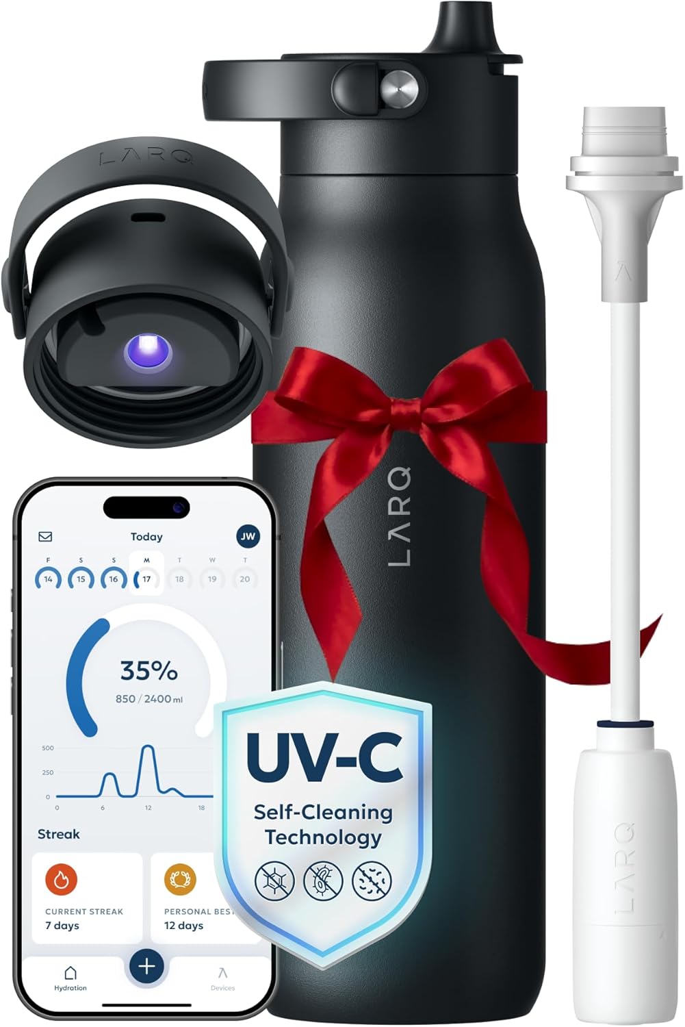 LARQ Bottle PureVis 2 - UV Water Purifier with Self-Cleaning, App Hydration Tracking, Filter Straw, Detachable Handle, Double-Wall Insulated