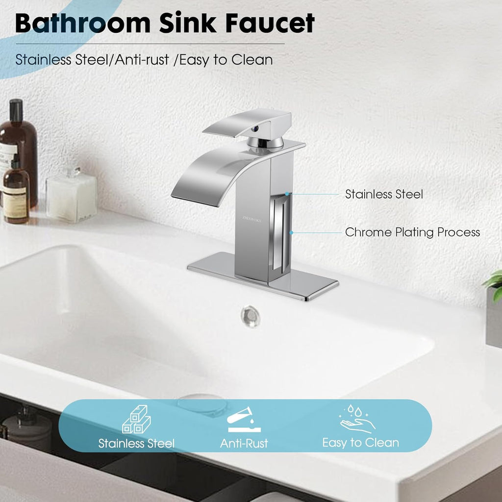 Waterfall Bathroom Faucet, Modern Bathroom Sink Faucet Suit for 1&3 Hole,Single Handle Commercial Sink Faucet,Chrome
