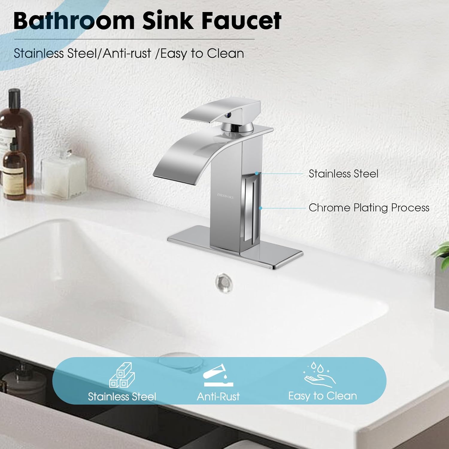 Waterfall Bathroom Faucet, Modern Bathroom Sink Faucet Suit for 1&3 Hole,Single Handle Commercial Sink Faucet,Chrome