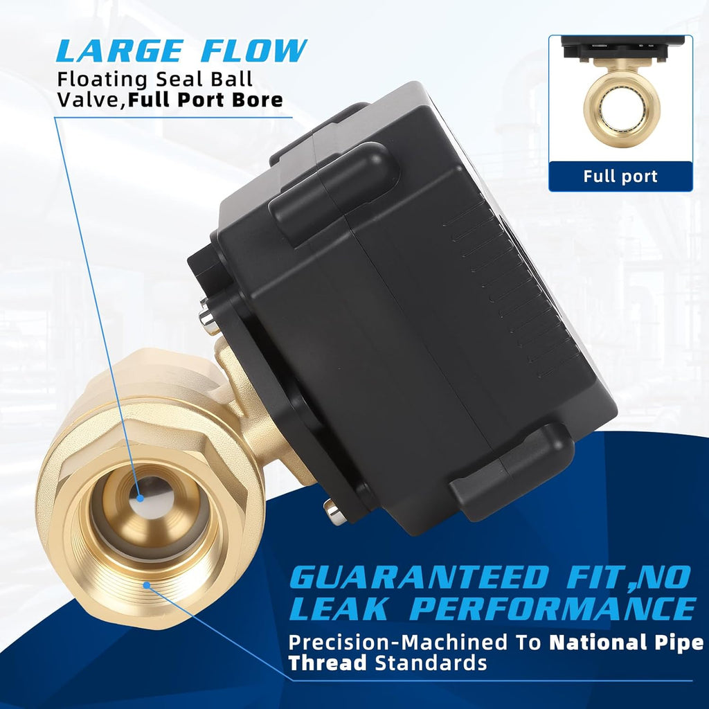 3/4" Brass Motorized Ball Valve - 2 Wire Auto Return Electric Water Valve,9-24V AC/DC Automatic Ball Valve with Full Port