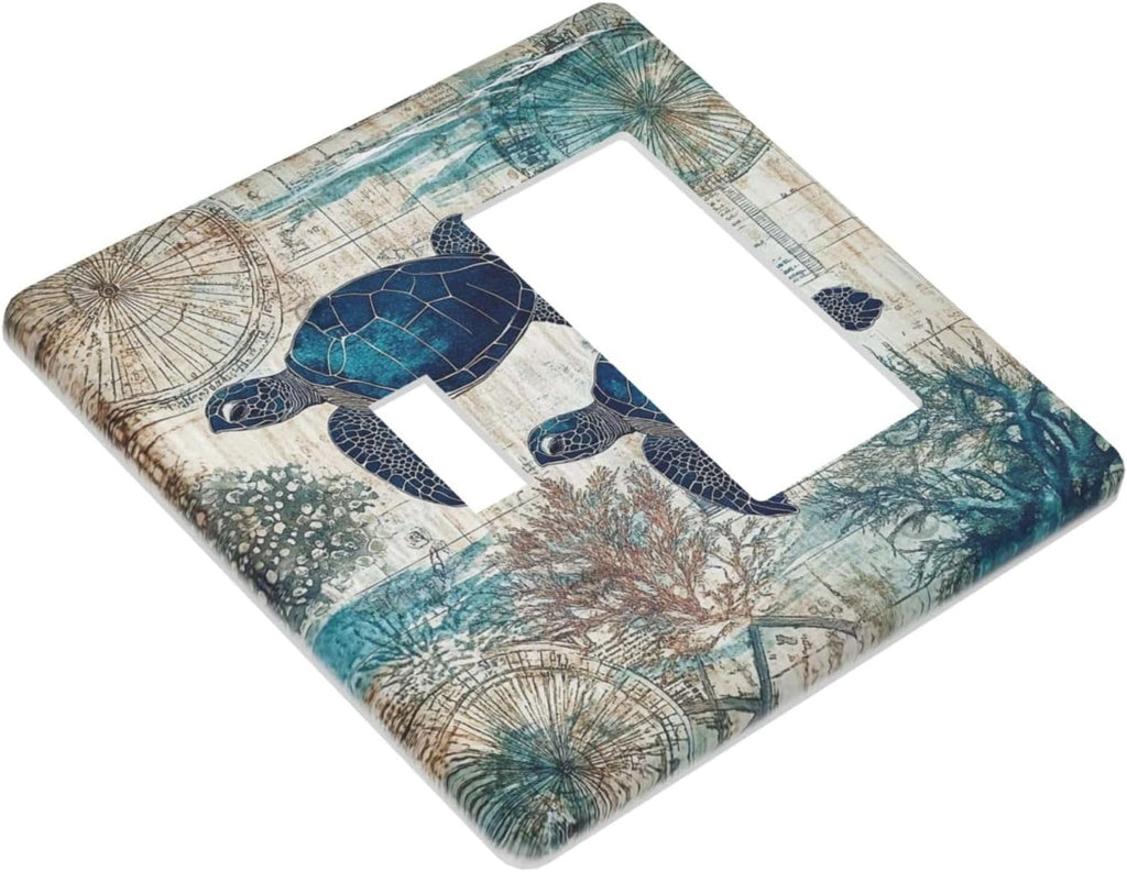 Blue Green Sea Turtle Tropical Ocean Coral Nautical Map Outlet Covers 1 Toggle 1 Rocker Combination Decorative Wall Plate Electrical Switch Plates Light Switch Cover Plate For Bed Room Bathroom Decor